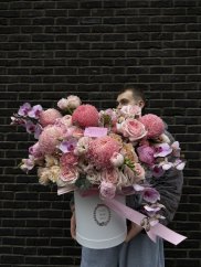 Pink orchid & peony in white box