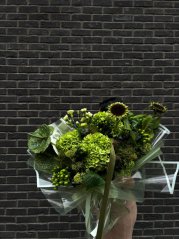 Exclusive green bouquet with hydrangea, anthurium, sunflowers and moss