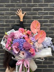 Exclusive bouquet, pink anthurium, purple hydrangeas and pastel chrysanthemums Exclusive bouquet, pink anthurium, purple hydrangeas and pastel chrysanthemums