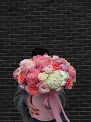 Pink peony with white hydrangea
