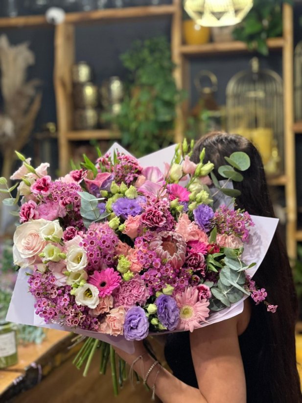 Colorful Bouquet with Purple Lisianthus and Gerberas